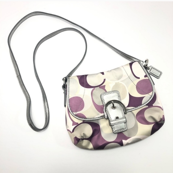 Coach Soho Op Art Scarf Print Crossbody Purse Purple Silver - Picture 2 of 9